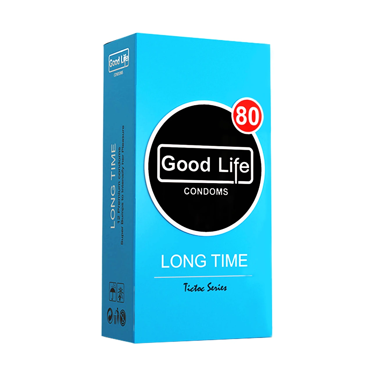 کاندوم تأخیری " Long Time " گودلایف - ( آبی، سری تیک تاک ) حاوی مواد روان کننده و بنزوکائین جهت تاخیر در انزال ، لاتکس 100 درصد طبیعی ( بسته 12 عددی )