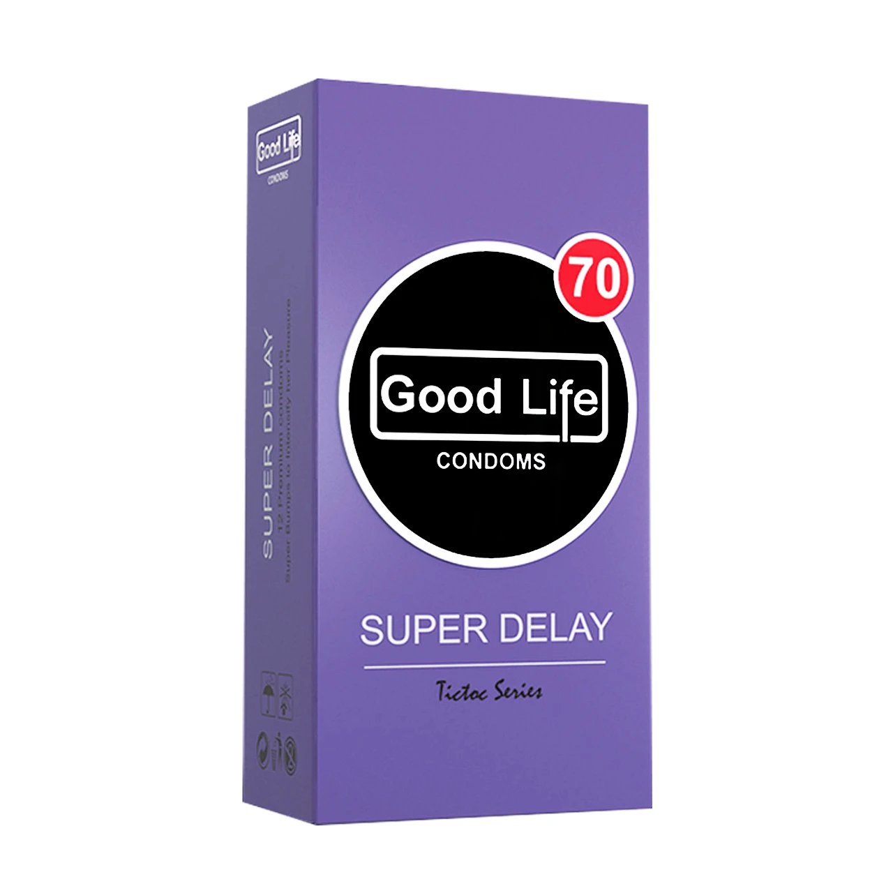 کاندوم خاردار تأخیری " Super Delay " گودلایف - ( بنفش، سری تیک تاک ) حاوی مواد روان کننده و بنزوکائین جهت تاخیر در انزال ، لاتکس 100 درصد طبیعی ( بسته 12 عددی )
