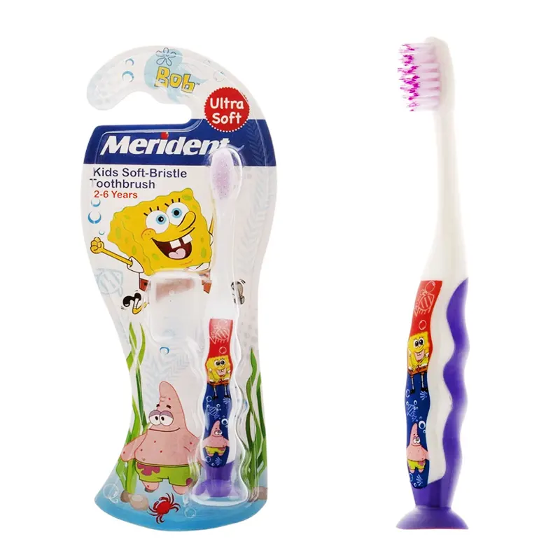 مسواک " طرح باب اسفنجی " مریدنت - ( ویژه کودکان 2 تا 6 سال ) حاوی در پوش و دسته مکنده جهت ایستادن مسواک ( درجه سختی : خیلی نرم )