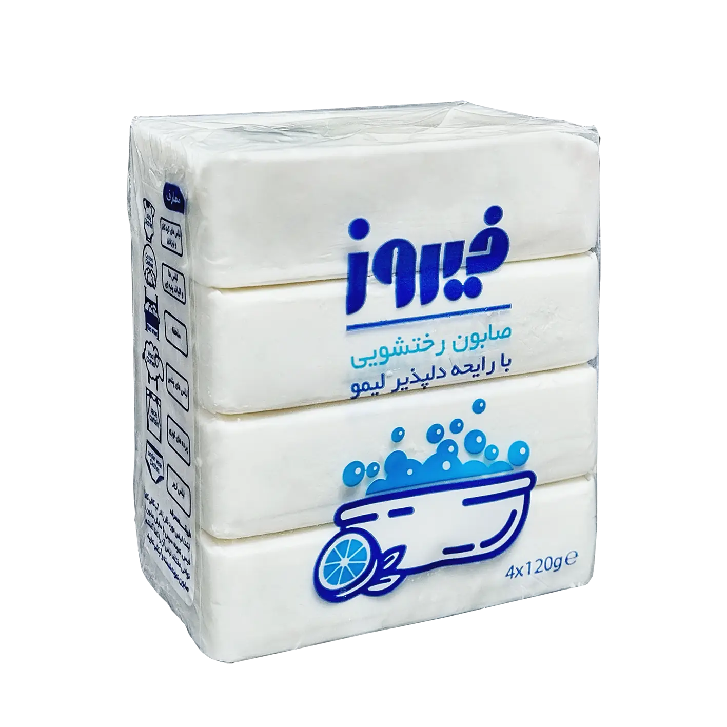 صابون " رختشویی " فیروز - (  4 قالب ) حاوی مواد افزودنی، از بین برنده بسیار قوی لکه های چربی و دوده، با رایحه لیمو ( هر قالب 120 گرم )