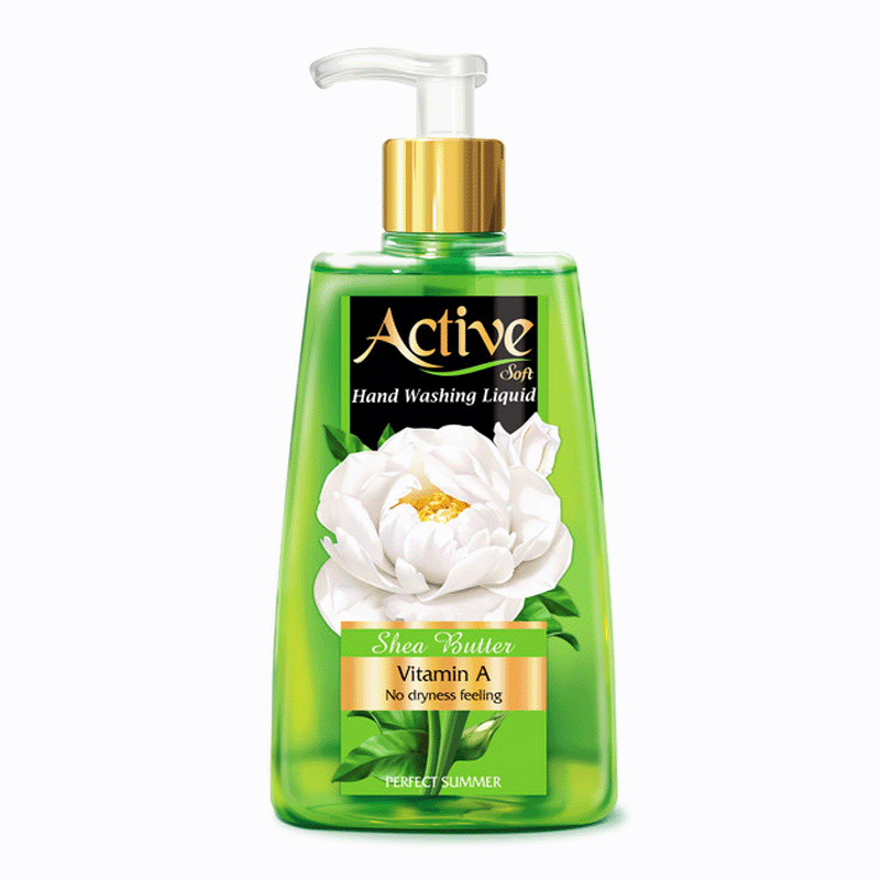 مایع دستشویی پمپی " نرم کننده پوست " اکتیو  -  ( سبز ) حاوی ویتامین A  و شی باتر  ( 450 گرم )
