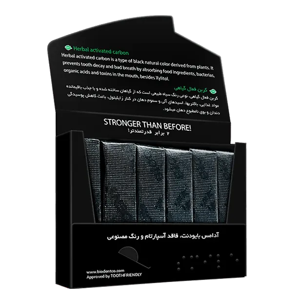 آدامس نواری " ذغالی نعنایی " بایودنت - دارای زایلیتول، بدون شکر و رنگ کربن فعال (حاوی 12 عدد آدامس )