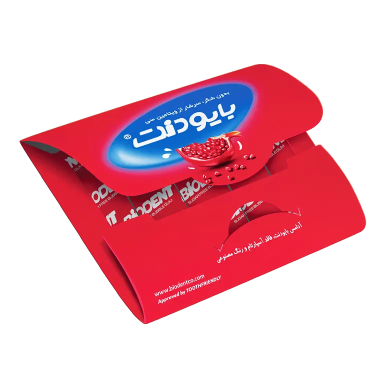 آدامس نواری " انار " بایودنت - ( با رنگ طبیعی و ویتامین C ) بدون شکر و آسپارتام (حاوی 5 عدد آدامس )