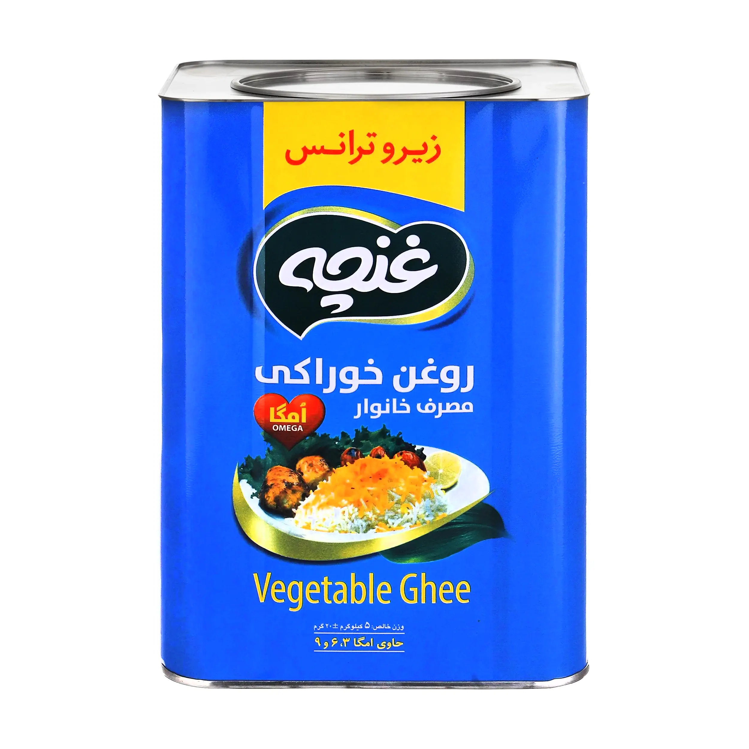 روغن نباتی نیمه جامد " زیرو ترانس " غنچه - ( ویژه پخت و پز ) حاوی امگا 3، 6، 9 ؛ دارای روغن های کلزا، آفتابگردان و سویا تراریخته ( حلب 5 کیلویی )