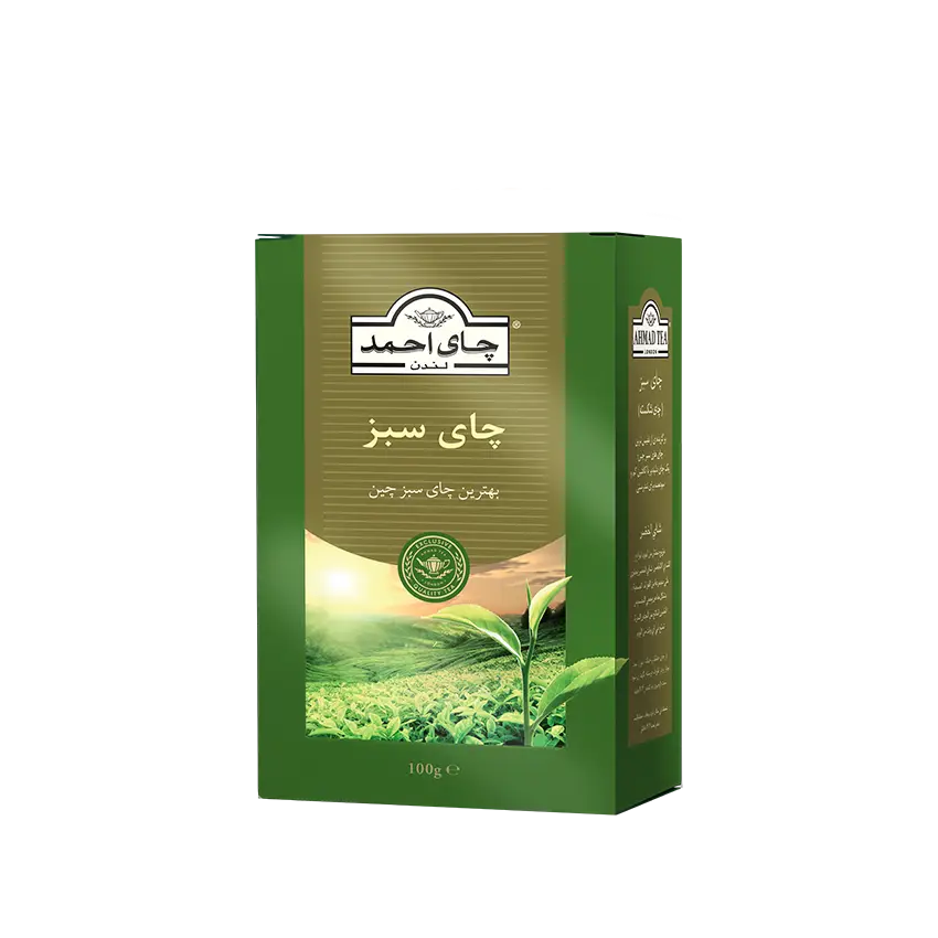 چای سبز خارجی " خالص، کم کافئین  " احمد - ( چای شکسته پاکتی ) دستچین شده از مزارع چای چین  ( 100 گرمی )