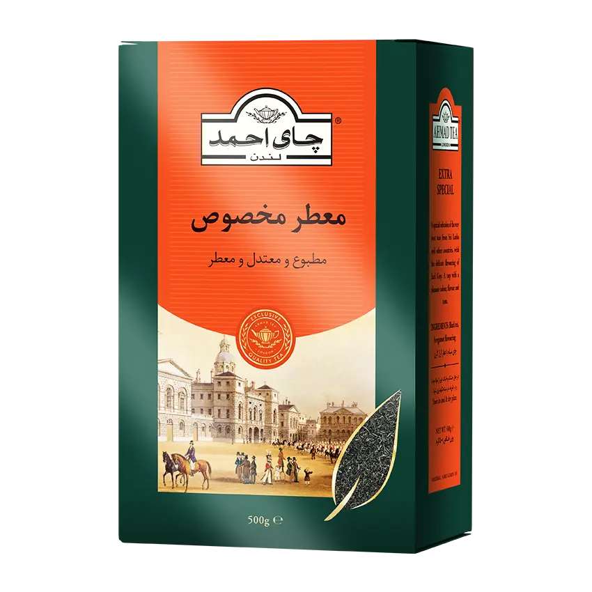 چای سیاه خارجی " معطر ارل گری " احمد - ( چای شکسته پاکتی نارنجی ) چای سیلان، خوش رنگ و مطبوع با طعم برگاموت ( 500 گرمی )