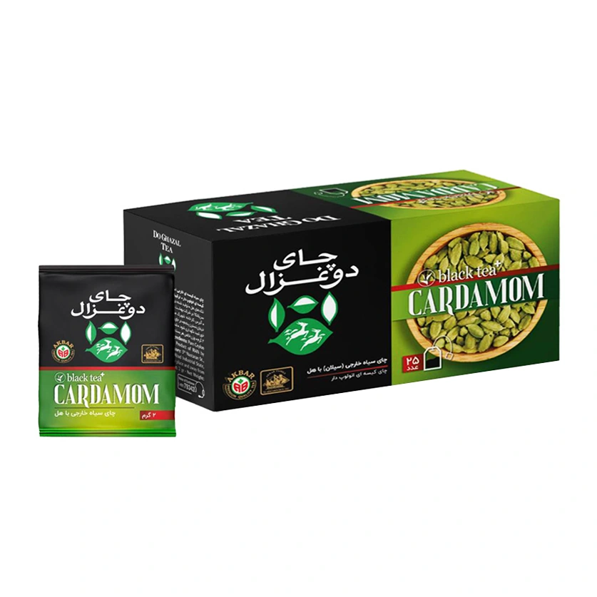 چای سیاه کیسه ای " طعم دار هل " دوغزال - ( چای خارجی، تی بگ انولوپ دار پاکتی ) چای سی تی سی " CTC " سیلان با تکه های هل ( حاوی 25 عدد چای کیسه ای )