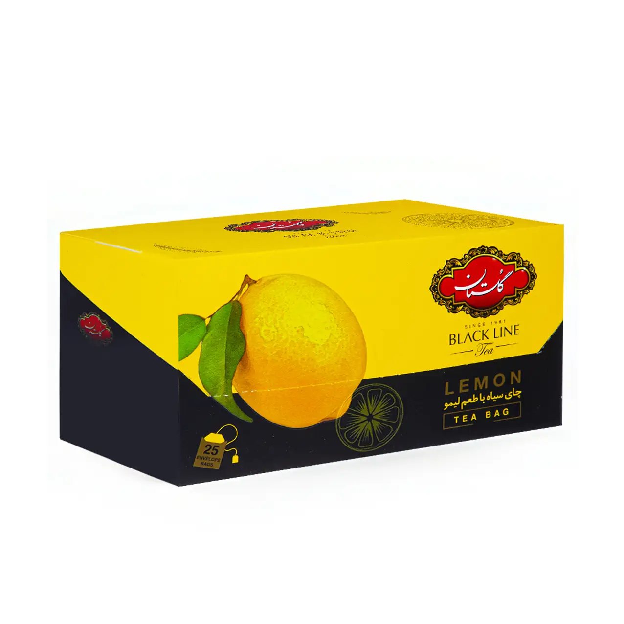 چای سیاه کیسه ای " طعم دار لیمو " گلستان - ( چای خارجی، تی بگ پاکتی زرد ) چای سی تی سی " CTC " هندوستان و کنیا با طعم لیمویی ( حاوی 25 عدد چای کیسه ای )