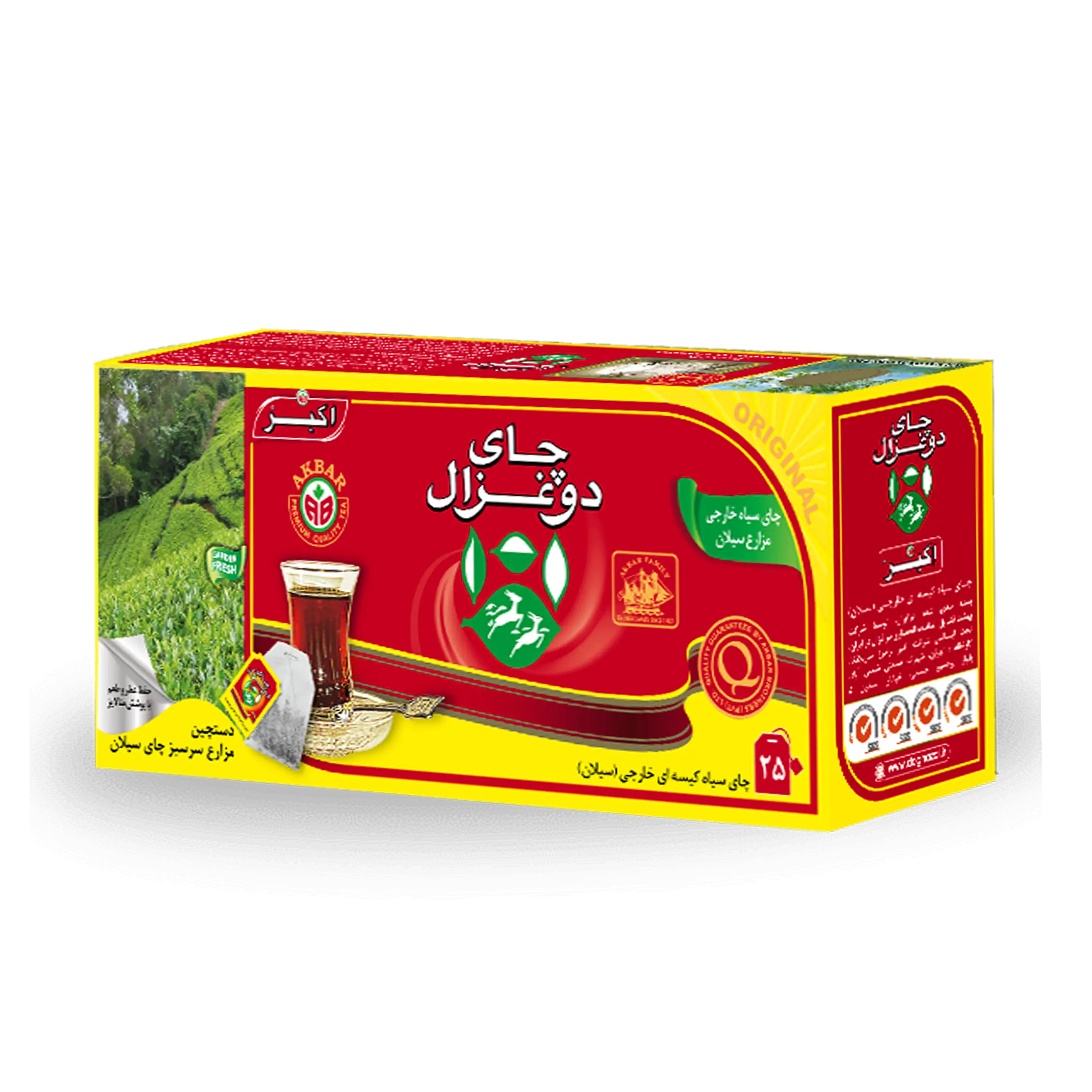 چای سیاه کیسه ای " غیر معطر " دوغزال - ( چای خارجی، تی بگ پاکتی قرمز ) چای سی تی سی " CTC " سیلان ( حاوی 25 عدد چای کیسه ای - بسته 50 گرمی )