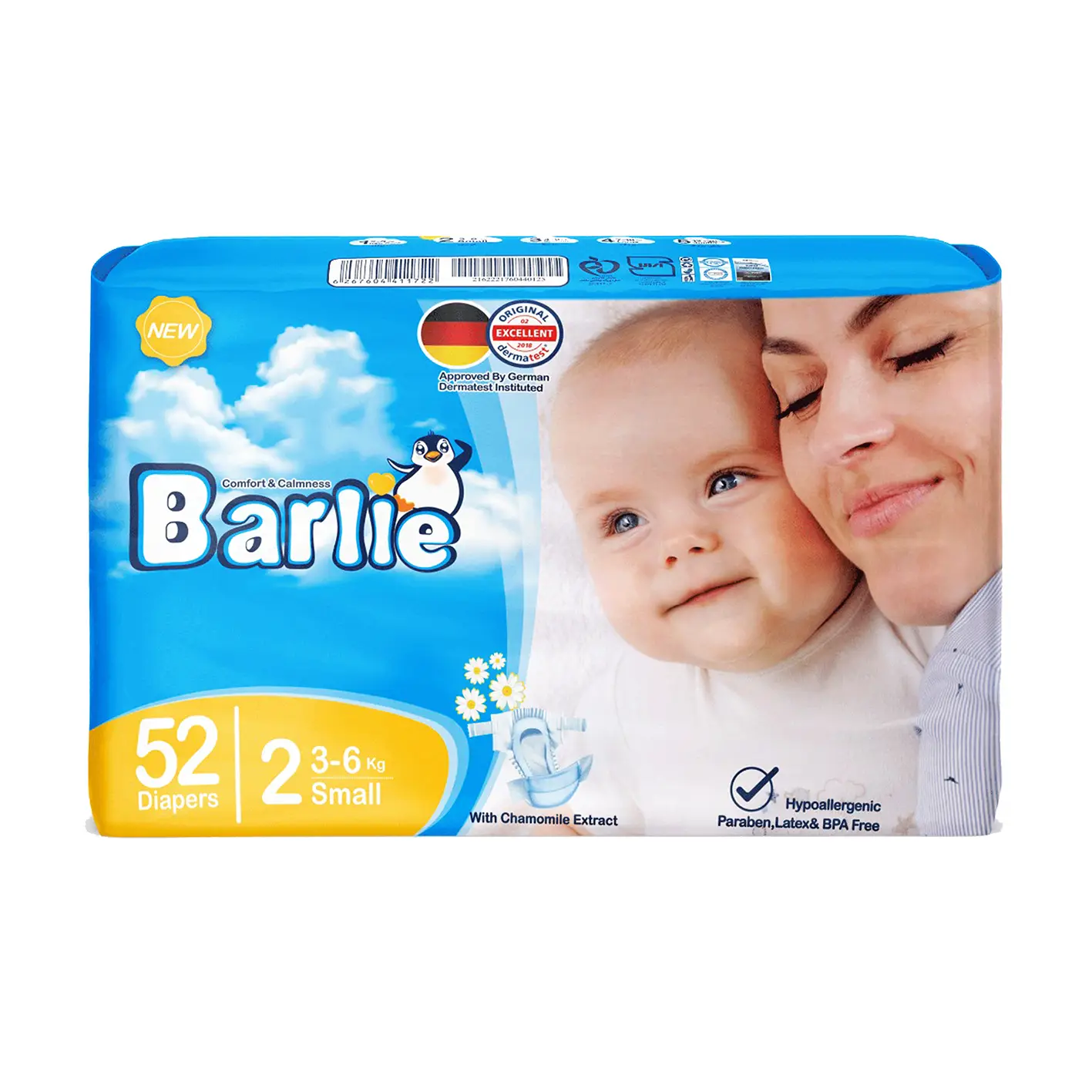 پوشک بچه " چسبی " بارلی - ( سایز 2 - کوچک ) حاوی عصاره بابونه، بدون ایجاد حساسیت و سازگار با پوست، برای کودکان 3 الی 6 کیلویی ( 52 عددی )