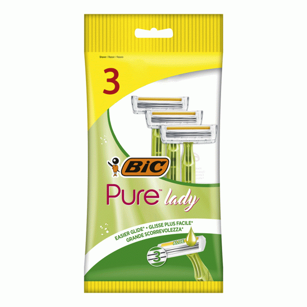 ژیلت " 3 لبه پیور لیدی سبز "  بیک ( ساخت یونان ) -  3 عدد ژیلت صابوندار حاوی عصاره آلوئه ورا ( ویژه بانوان )