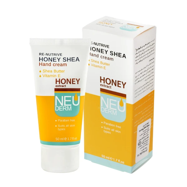 کرم تیوپی دست  " Re-Nutrive Honey Shea "  نئو درم - ( ترمیم کننده و نرم کننده ) " مناسب انواع پوست " حاوی شی باتر و عصاره عسل، ویتامین E  ( 50 میلی لیتر )