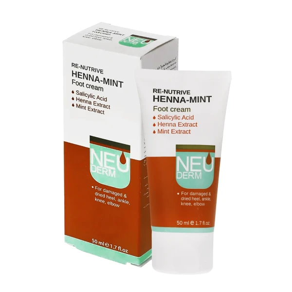 کرم تیوپی ترک و خشکی " Re-Nutrive Henna-Mint " نئو درم - ( ترمیم کننده و تقویت کننده ) " مناسب آرنج، زانو، قوزک و پاشنه " حاوی روغن شی باتر،عصاره حنا و نعناع، موم زنبور عسل و اسید سالیسیلیک ( 50 میلی لیتر )
