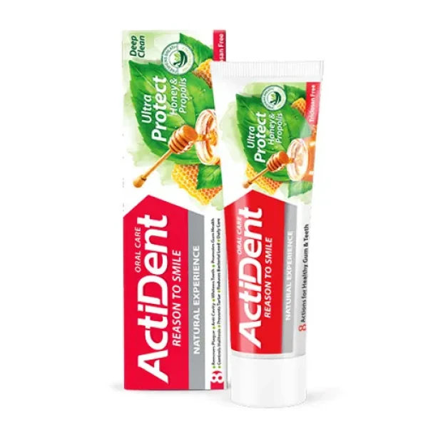 خمیر دندان " کامل Ultra Protect "  اکتیدنت  -  ( حاوی فلوراید، عصاره عسل و بره موم )  با عملکرد 8 گانه  ( 100 گرمی )