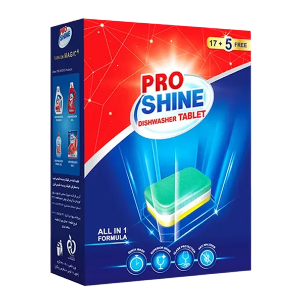 قرص ماشین ظرفشویی ( All in 1 ) پروشاین - تمیزی سریع و بالا، صرفه جویی در آب با رایحه لیمو و نعنا ( 22 عددی )