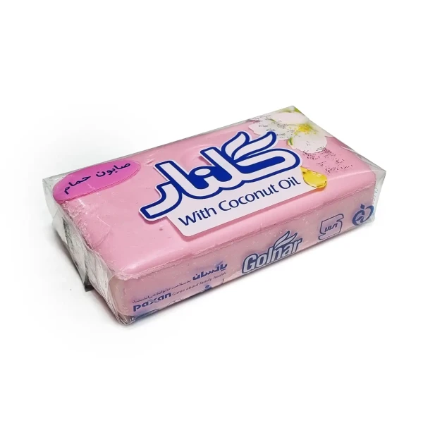 صابون " حمام " گلنار - ( بسته سلفونی، دارای روغن نارگیل ) حاوی 1 عدد صابون صورتی ( قالب 130 گرمی )