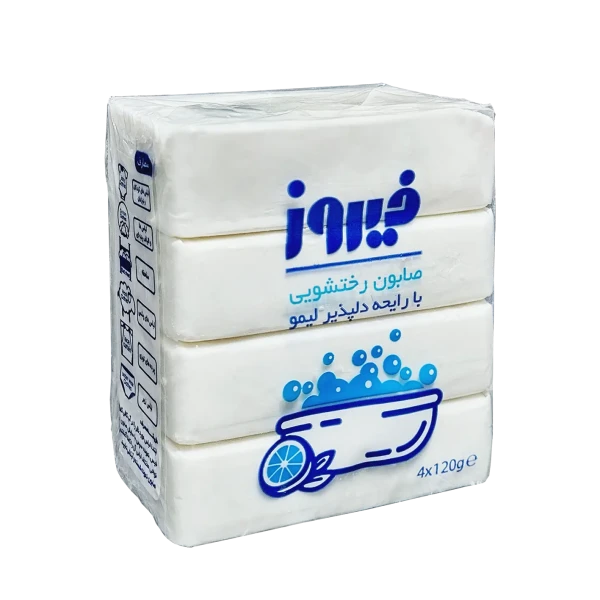 صابون " رختشویی " فیروز - (  4 قالب ) حاوی مواد افزودنی، از بین برنده بسیار قوی لکه های چربی و دوده، با رایحه لیمو ( هر قالب 120 گرم )