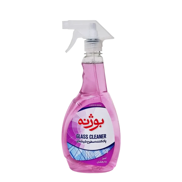 شیشه شوی " غیر الکلی " بوژنه - ( صورتی ) بدون ایجاد لک و رگه روی شیشه و آینه، با رایحه مطبوع ( 500 میلی لیتر )