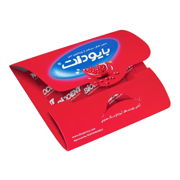 آدامس نواری " انار " بایودنت - ( با رنگ طبیعی و ویتامین C ) بدون شکر و آسپارتام (حاوی 5 عدد آدامس )