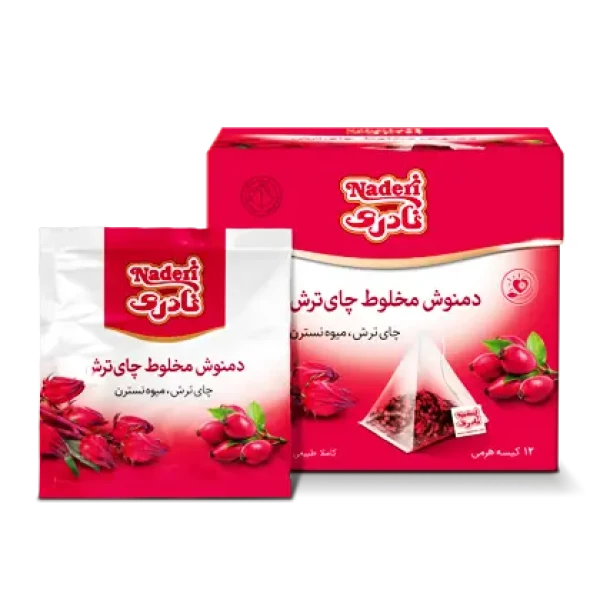 دمنوش گیاهی کیسه ای هرمی " مخلوط چای ترش " نادری - ( قرمز، طبیعی و بدون اسانس ) حاوی چای ترش و میوه نسترن ( بسته 12 عددی - 24 گرمی )