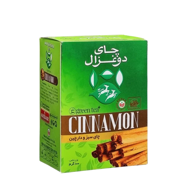 چای سبز خارجی " طعم دار و معطر دارچین " دوغزال - ( چای پاکتی ) دستچین شده از مزارع چای چین، حاوی تکه های دارچین ( 100 گرمی )