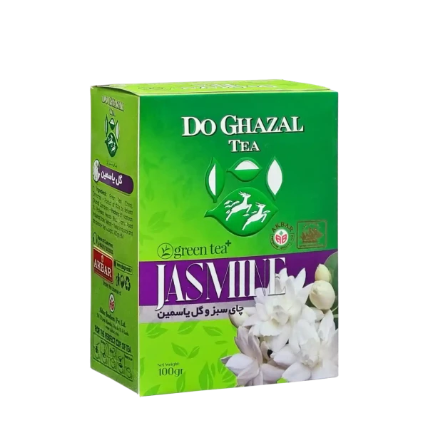 چای سبز خارجی " طعم دار و معطر گل یاسمین " دوغزال - ( چای پاکتی ) دستچین شده از مزارع چای چین، حاوی گلبرگ و طعم دهنده مشابه طبیعی گل یاسمین ( 100 گرمی )