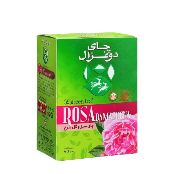 چای سبز خارجی " طعم دار و معطر گل سرخ " دوغزال - ( چای پاکتی ) دستچین شده از مزارع چای چین، حاوی گلبرگ و طعم دهنده مشابه طبیعی گل سرخ ( 100 گرمی )