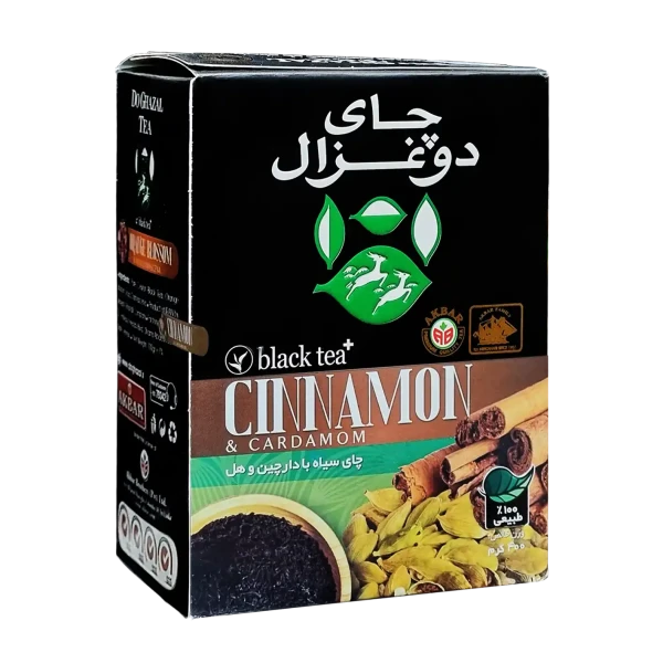 چای سیاه خارجی " طعم دار دارچین و هل " دوغزال - ( چای شکسته و سی تی سی CTC پاکتی ) دستچین شده از مزارع چای سیلان، حاوی تکه های چوب دارچین و هل ( 400 گرمی )