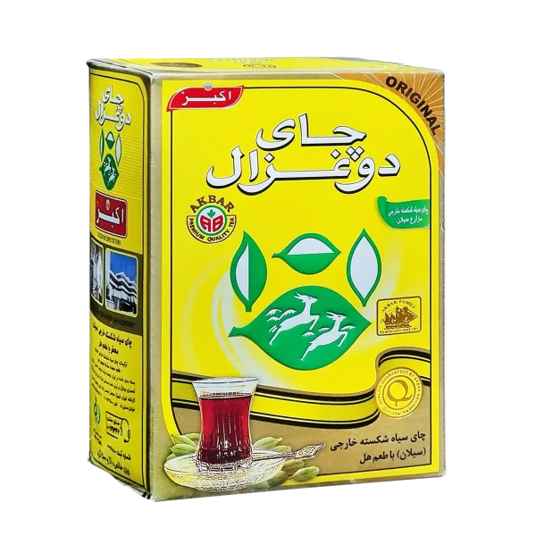 چای سیاه خارجی " طعم دار هلی " دوغزال - ( چای شکسته پاکتی زرد ) دستچین شده از مزارع چای سیلان با طعم هل ( 500 گرمی )