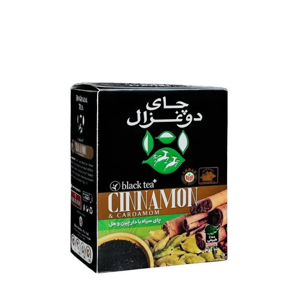 چای سیاه خارجی " طعم دار دارچین و هل " دوغزال - ( چای شکسته و سی تی سی CTC پاکتی ) دستچین شده از مزارع چای سیلان، حاوی تکه های چوب دارچین و هل ( 100 گرمی )
