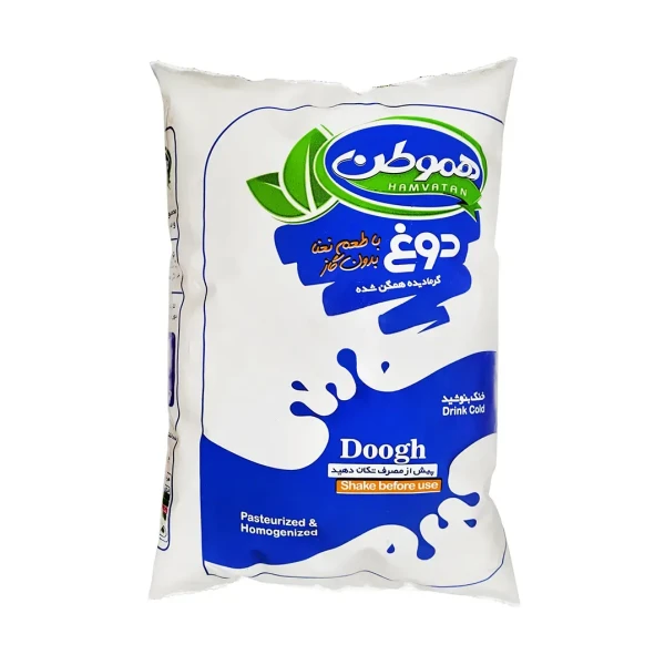 دوغ گرما دیده همگن شده " بدون گاز " هموطن - ( کیسه ای ) با طعم نعناع ( 800 سی سی )